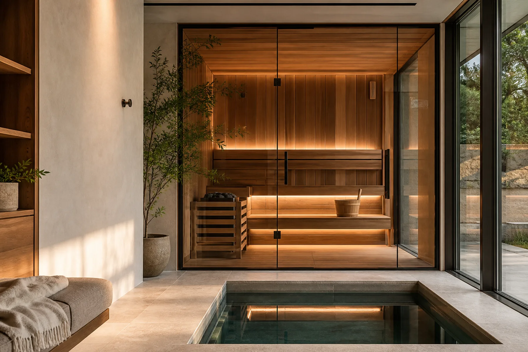 Illustrative wellness suite with a cedar sauna, recessed plunge and garden view